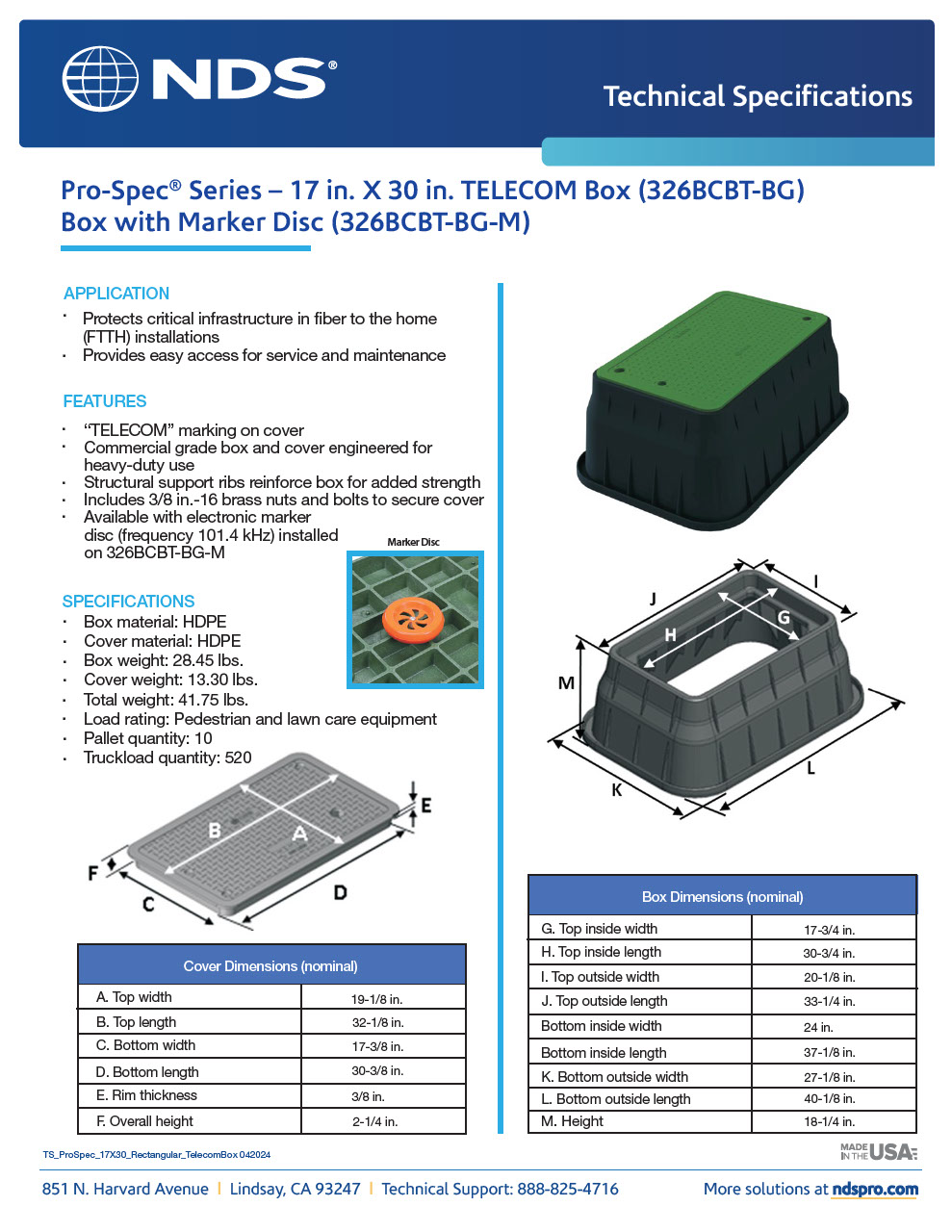 NDS 17 in. X 30 in. Rectangular Pro-Spec® Series Telecom Boxes & Covers Tech Spec