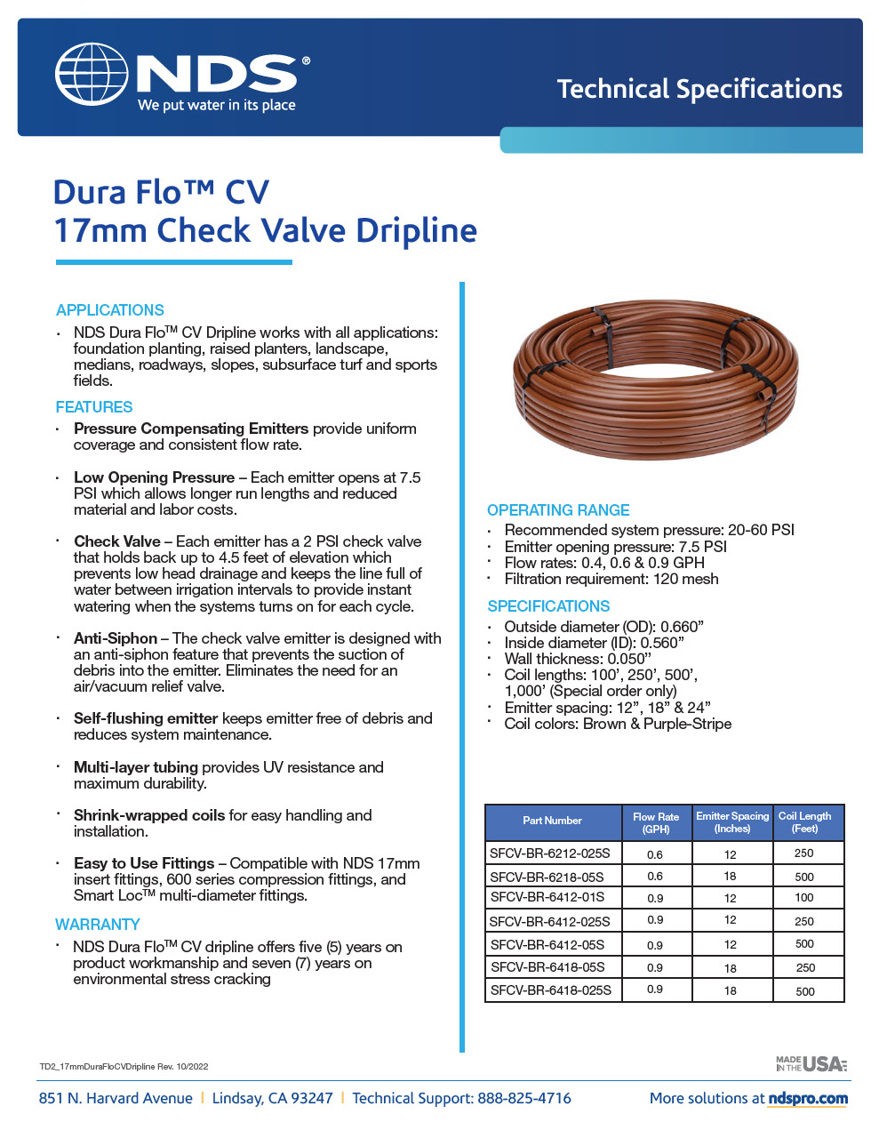 NDS Dura FloTM CV 17mm Check Valve Dripline Tech Spec