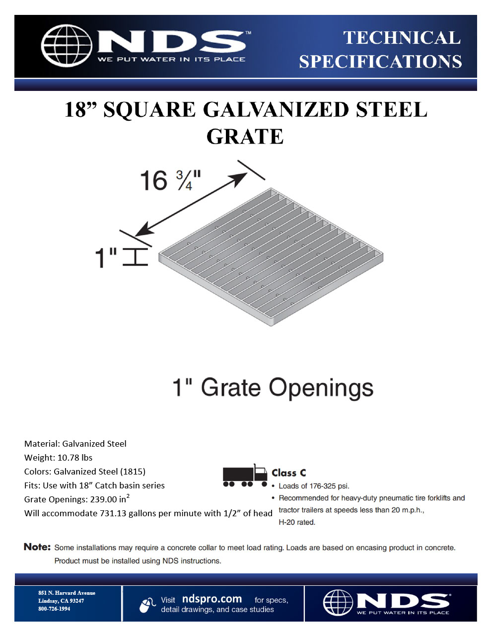 NDS 18 in. Square Catch Basin Drain Grate Galvanized Steel Tech Spec