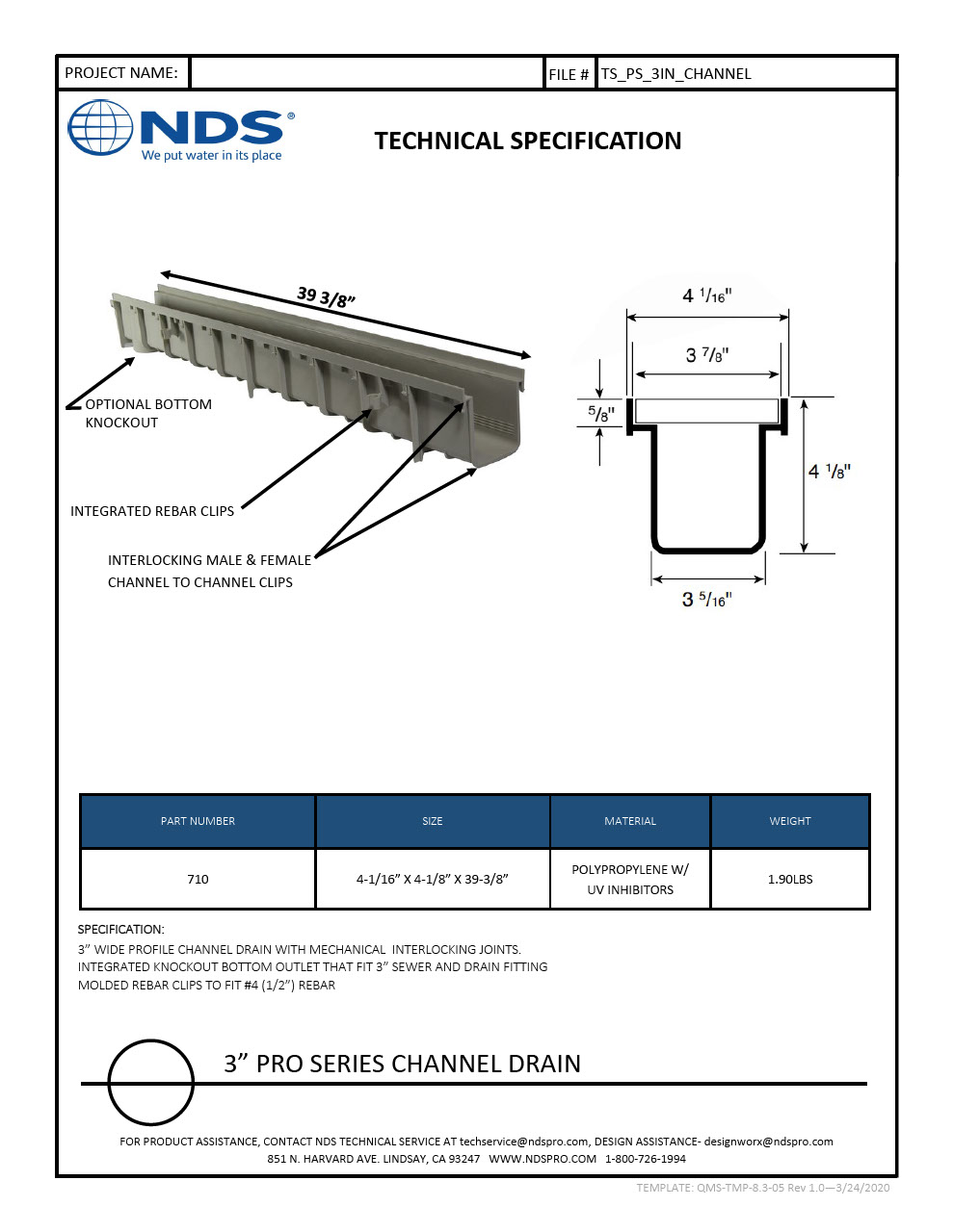 NDS 3 in. Pro Series Channel Drain Tech Spec