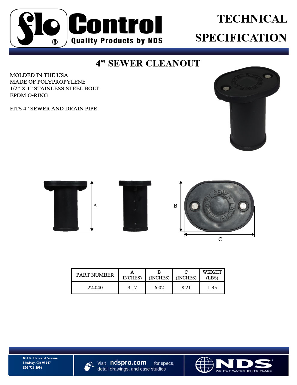 PP S&D Sewer Cleanout Plug Tech Spec