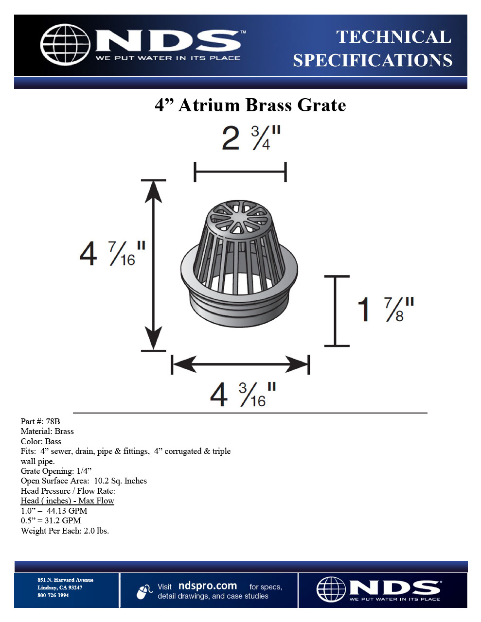 NDS 4 in. Atrium Brass Grate Tech Spec