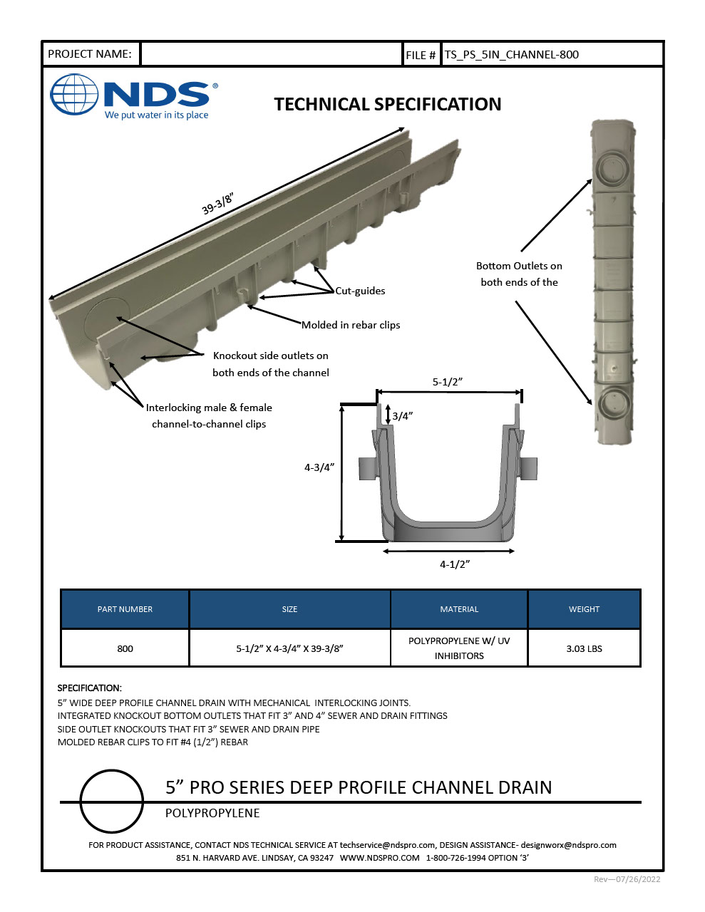 NDS 5 in. Pro Series Channel Drain Deep Profile Tech Spec