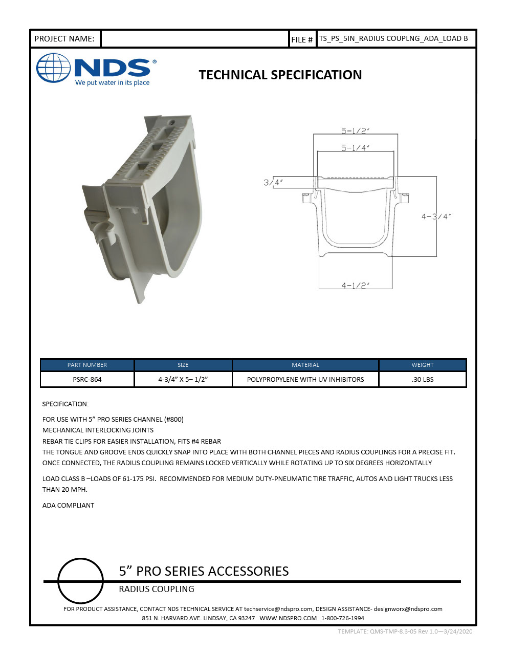 NDS 5 in. Pro Series Channel Drain Qwik-TurnTM Deep Profile Radius Coupling Tech Spec