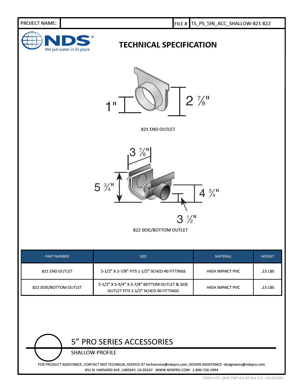 NDS 5 in. Pro Series Channel Drain End Cap/Outlet Shallow Profile Tech Spec