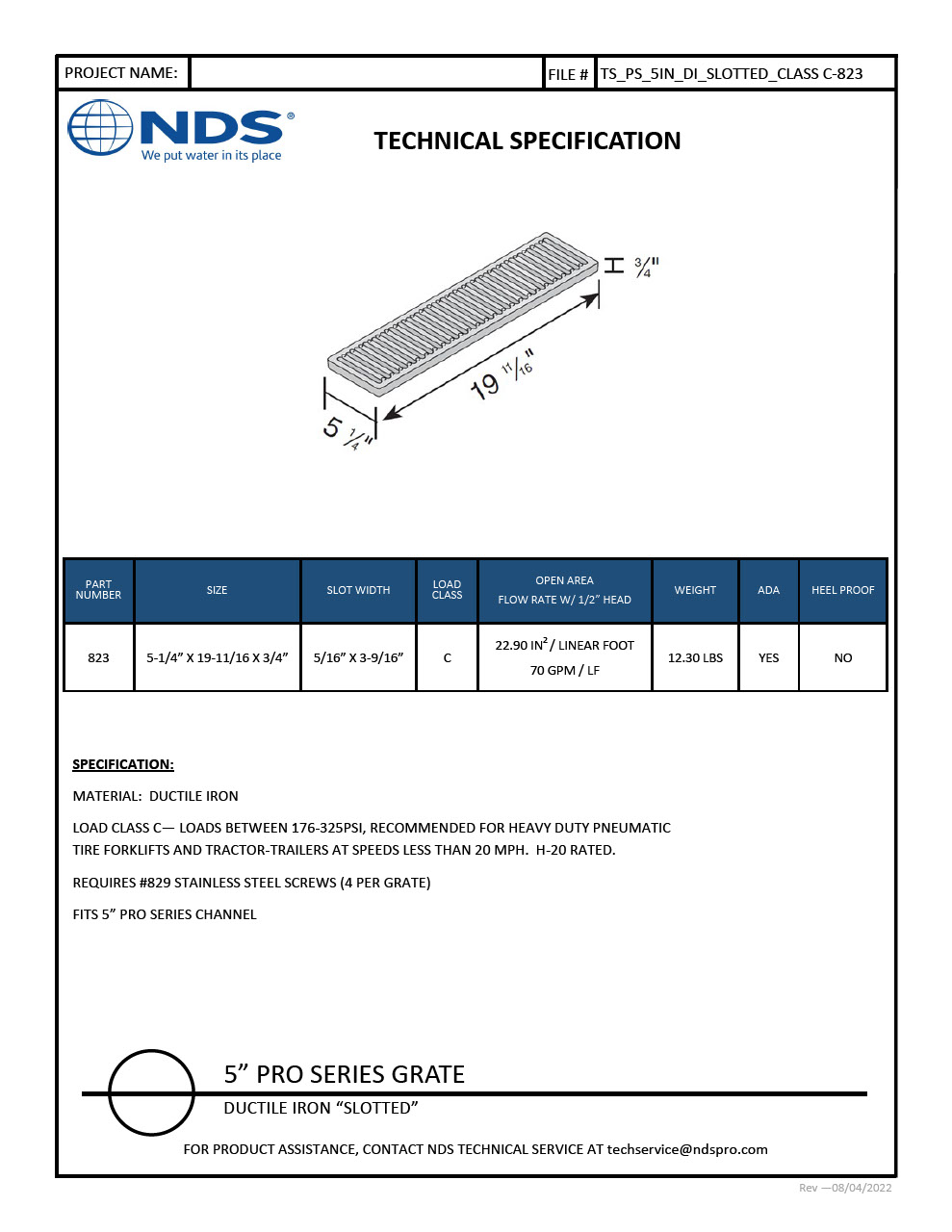 NDS 5 in. Pro Series Channel Drain Grate Ductile Iron Tech Spec