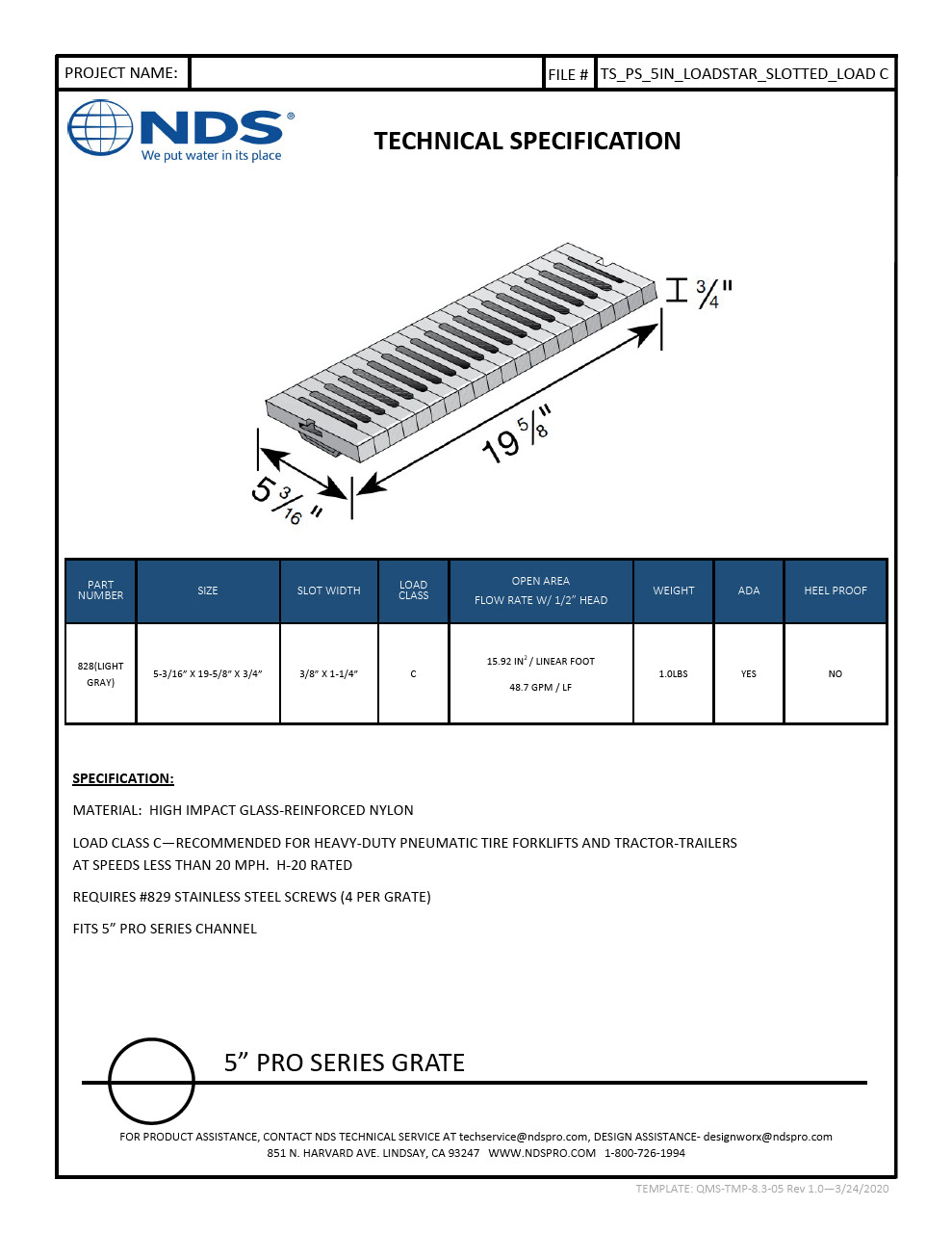 NDS 5 in. Pro Series Channel Drain Grate Load Stay Nylon Tech Spec