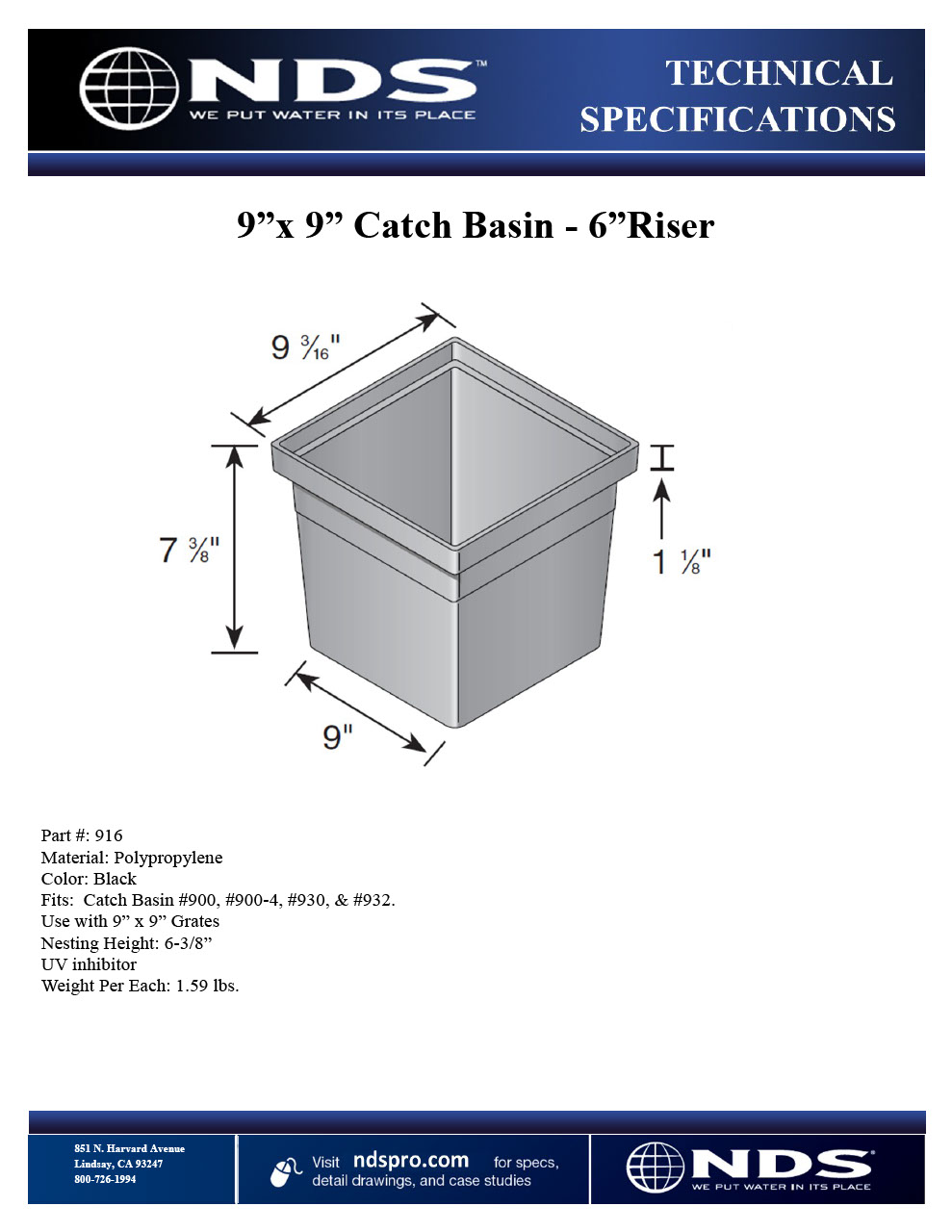NDS 6 in. Riser for 9 in. Square Catch Basin Drain Tech Spec