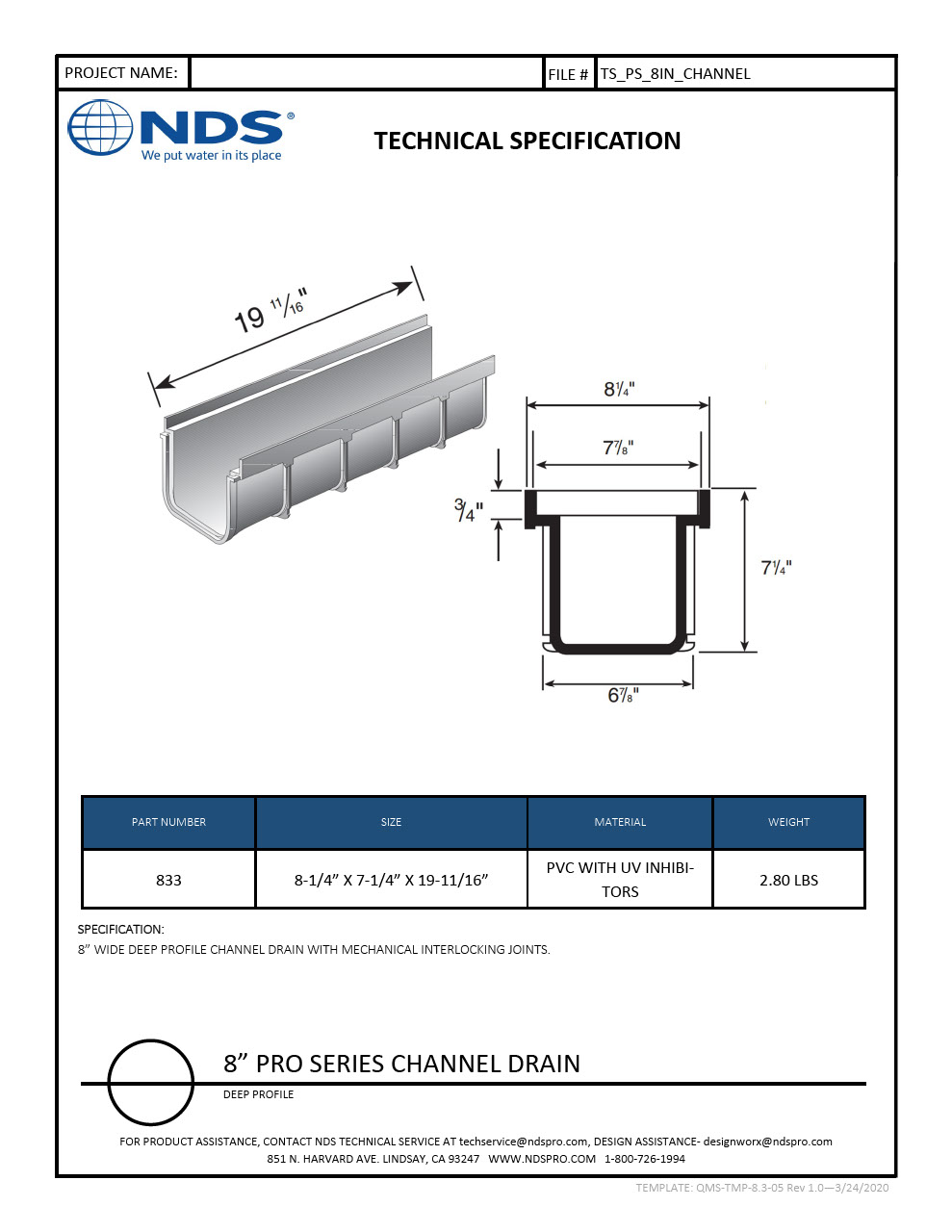 NDS 8 in. Pro Series Channel Drain Deep Profile Tech Spec