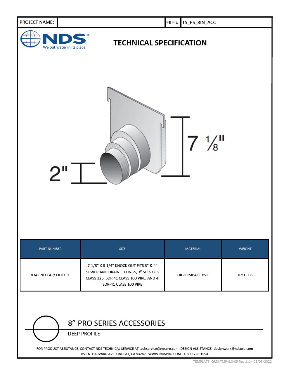 NDS 8 in. Pro Series Channel Drain End Cap/Outlet Tech Spec