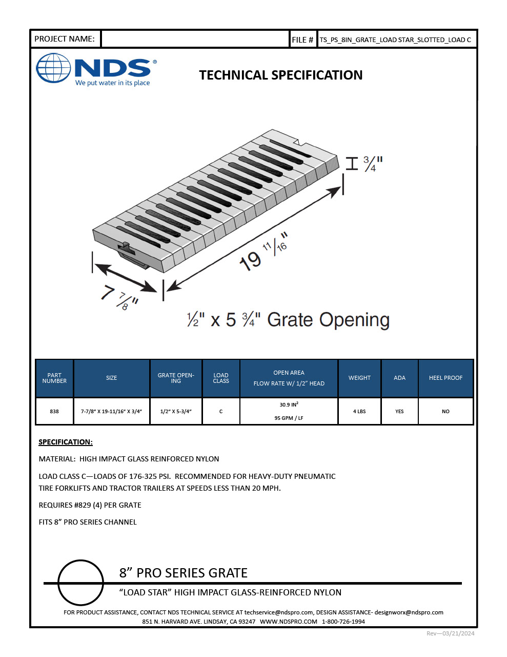 NDS 8 in. Pro Series Channel Drain Grate Load Stay Nylon Tech Spec