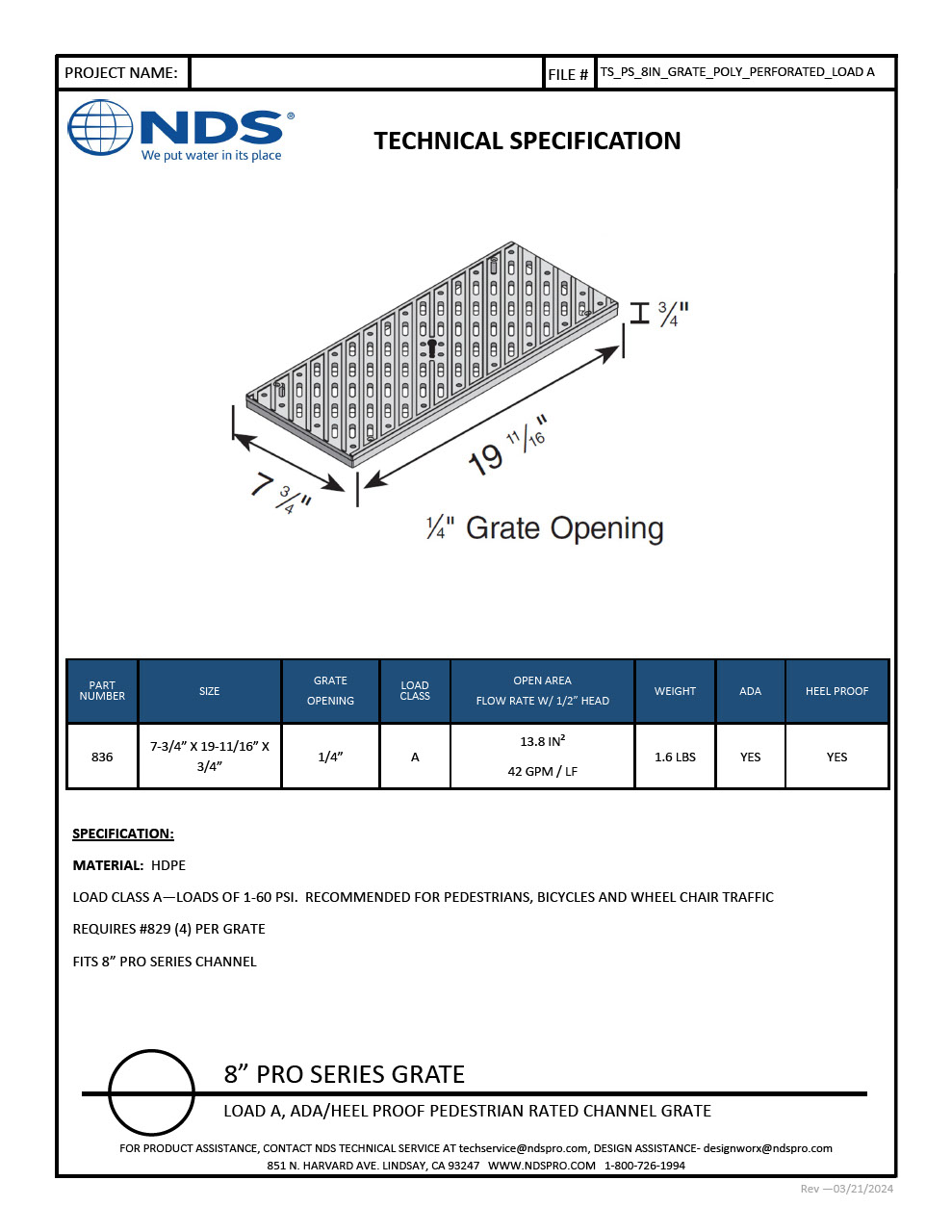 NS 8 in. Pro Series Channel Drain Grate Plastic Tech Spec