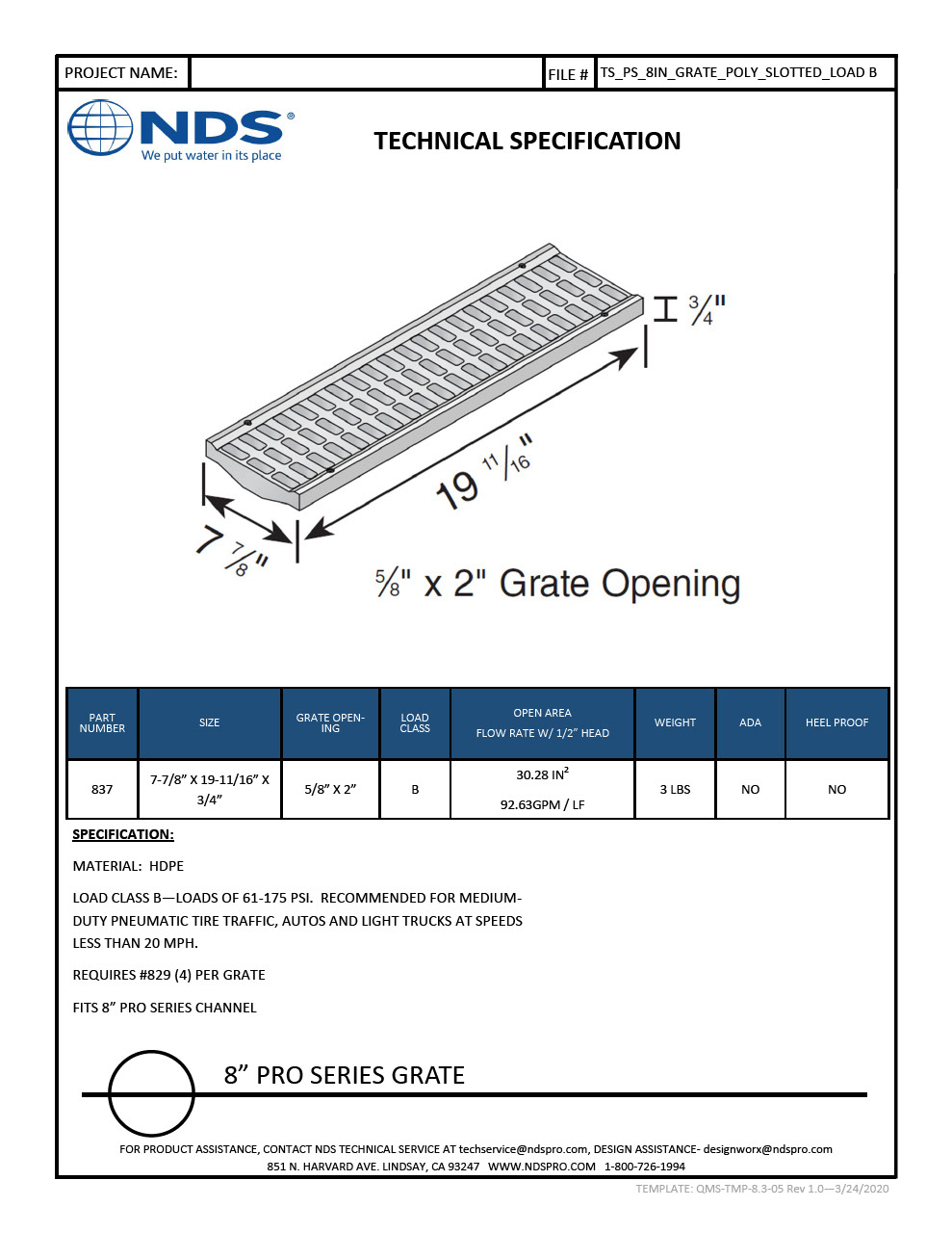 NDS 8 in. Pro Series Channel Drain Grate Light Traffic Plastic Tech Spec