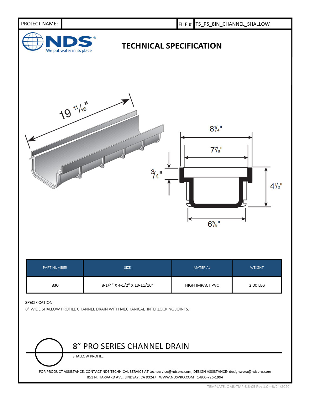 NDS 8 in. Pro Series Channel Drain Shallow Profile Tech Spec