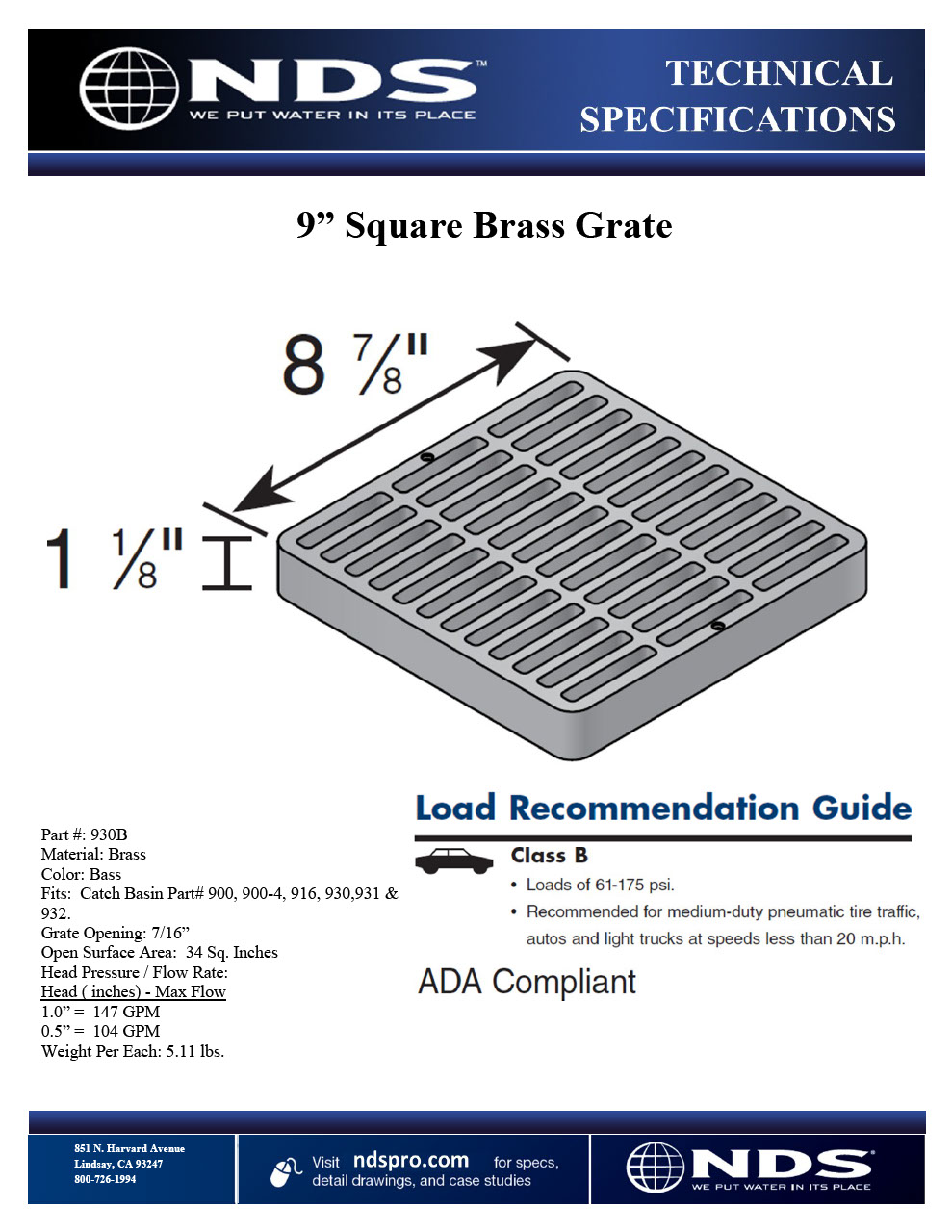 NDS 9 in. Square Catch Basin Drain Grate Brass Tech Spec