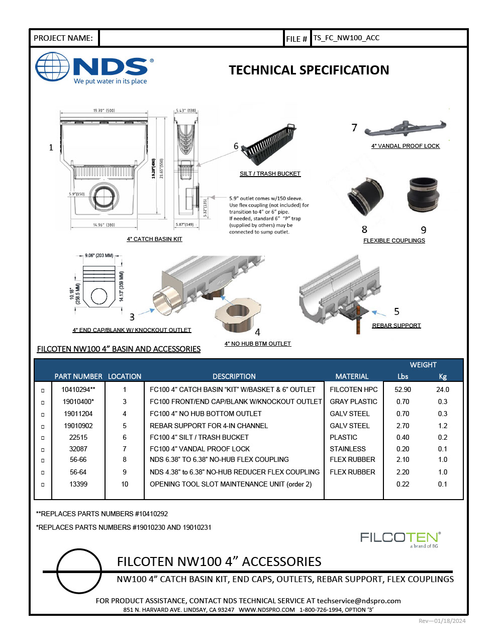 NDS BG-FILCOTEN® 100 Trench Drain Accessories Tech Spec