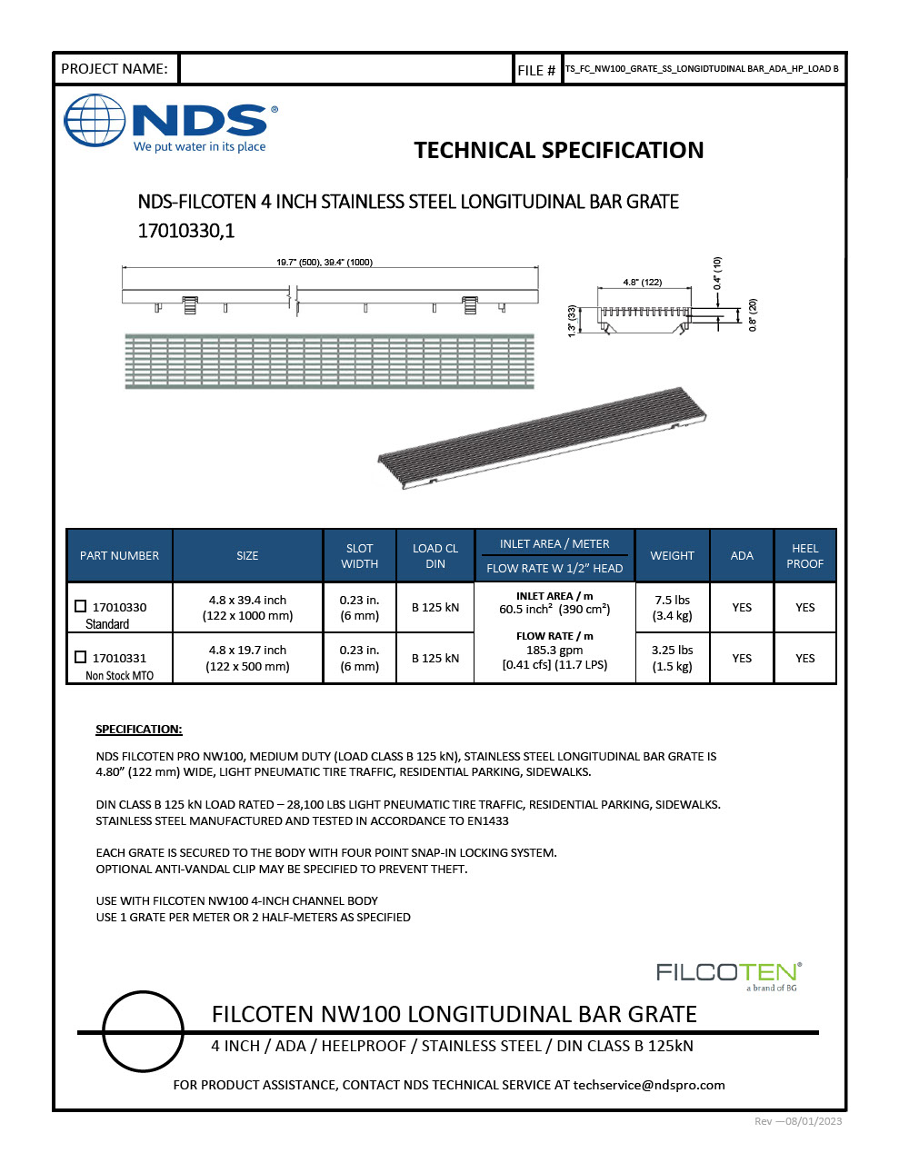 NDS BG-FILCOTEN® 100 Trench Drain Grate Bar Design Stainless Steel Tech Spec