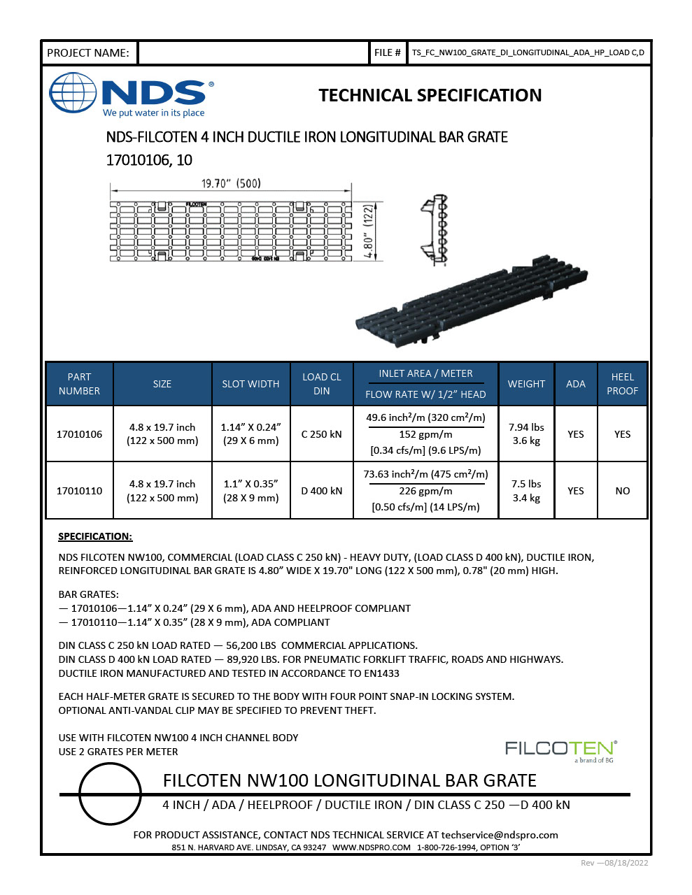 NDS BG-FILCOTEN® 100 Trench Drain Grate Bar Design Ductile Iron Tech Spec