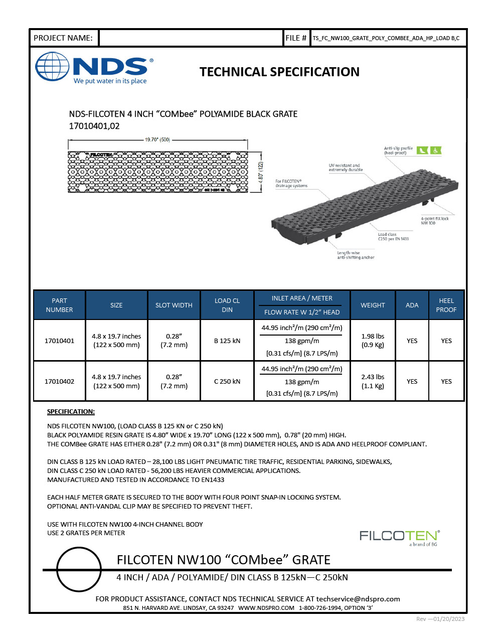 NDS BG-FILCOTEN® 100 Trench Drain Grate COMBee Design Plastic Tech Spec