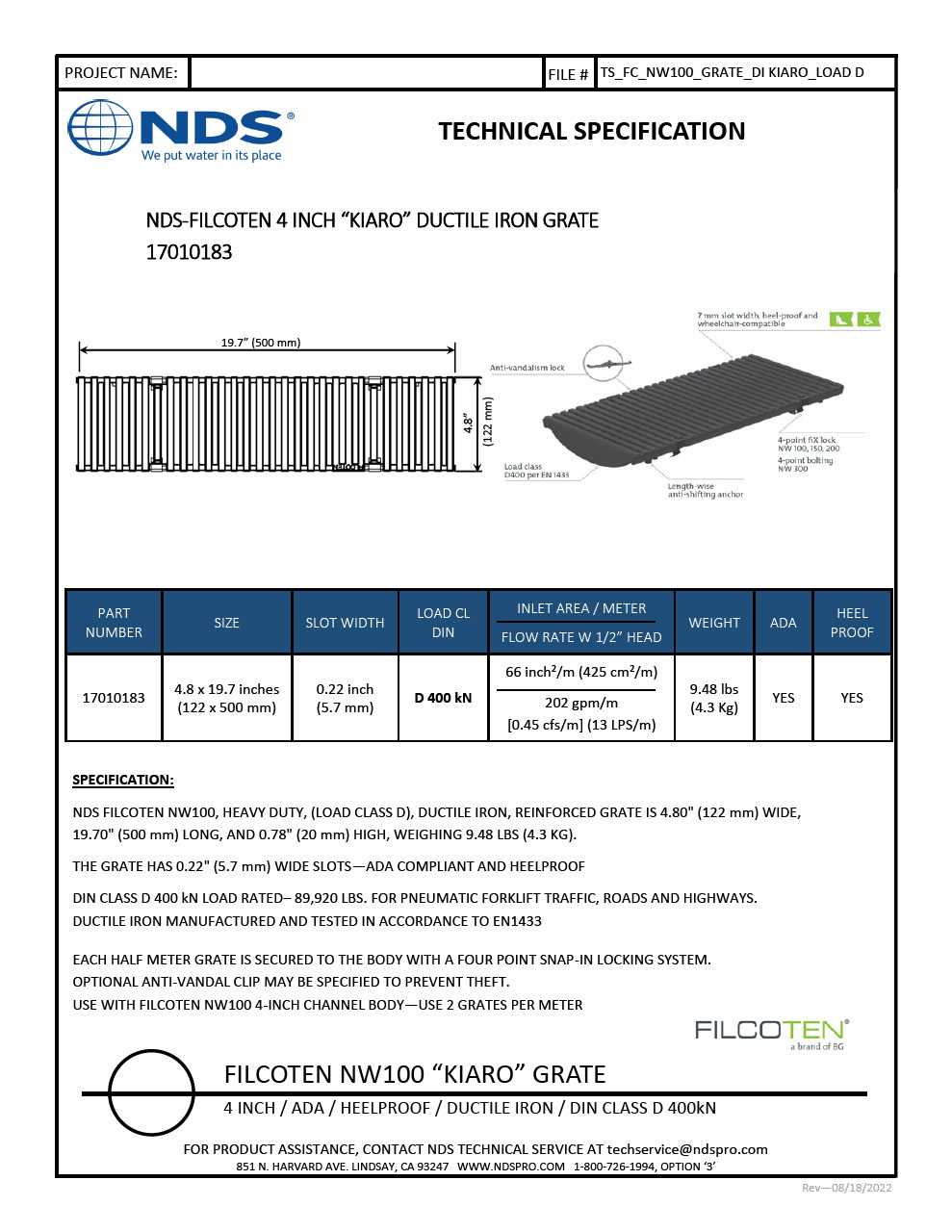 NDS BG-FILCOTEN® 100 Trench Drain Grate Decorative Kiaro Slot Design Ductile Iron Tech Spec
