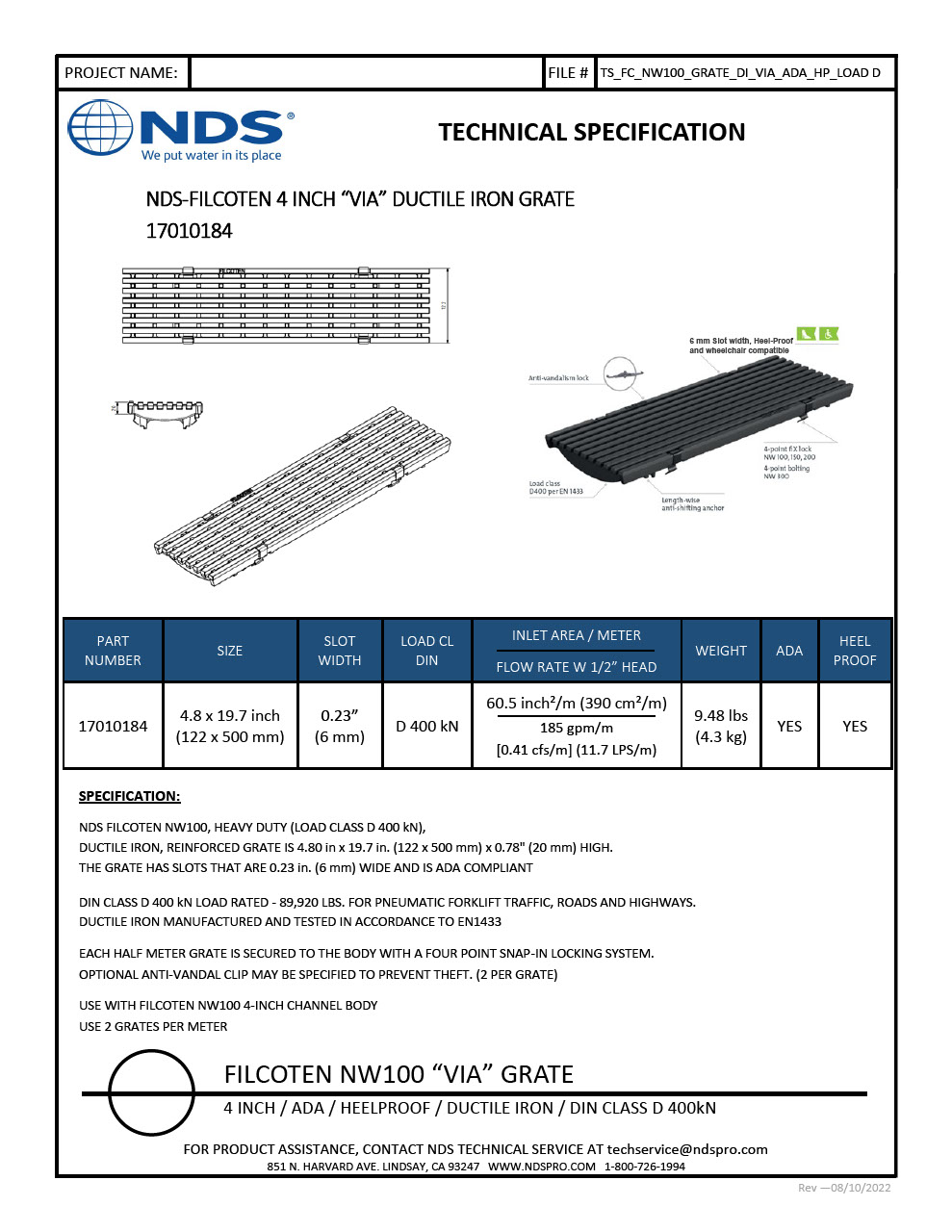 NDS BG-FILCOTEN® 100 Trench Drain Grate Decorative Via Slot Design Ductile Iron Tech Spec