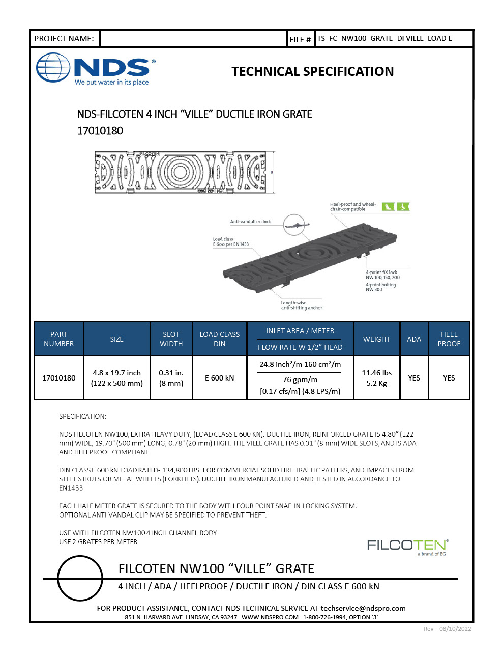 NDS BG-FILCOTEN® 100 Trench Drain Grate Decorative Ville Slot Design Ductile Iron Tech Spec