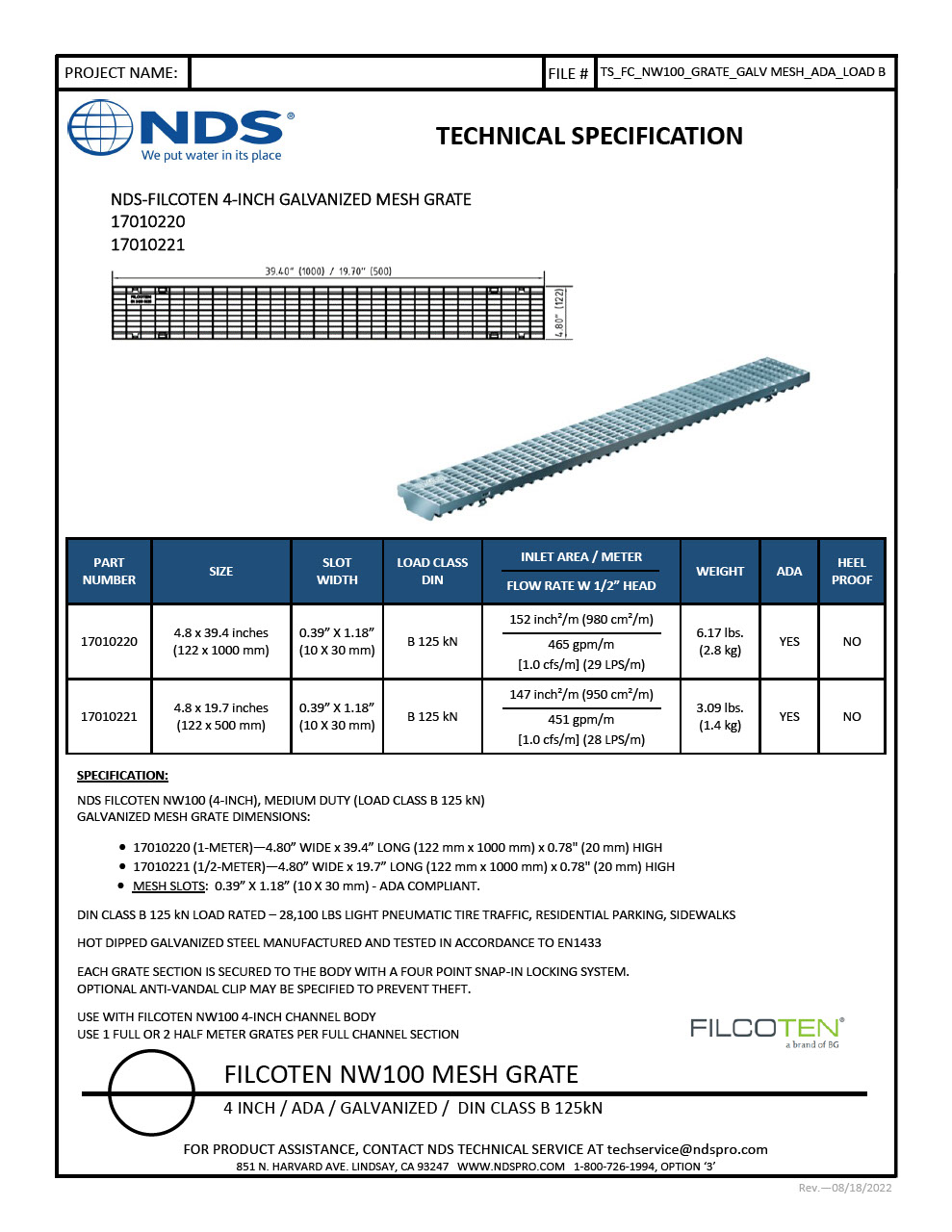 NDS BG-FILCOTEN® 100 Trench Drain Grate Mesh Design Galvanized Steel Tech Spec