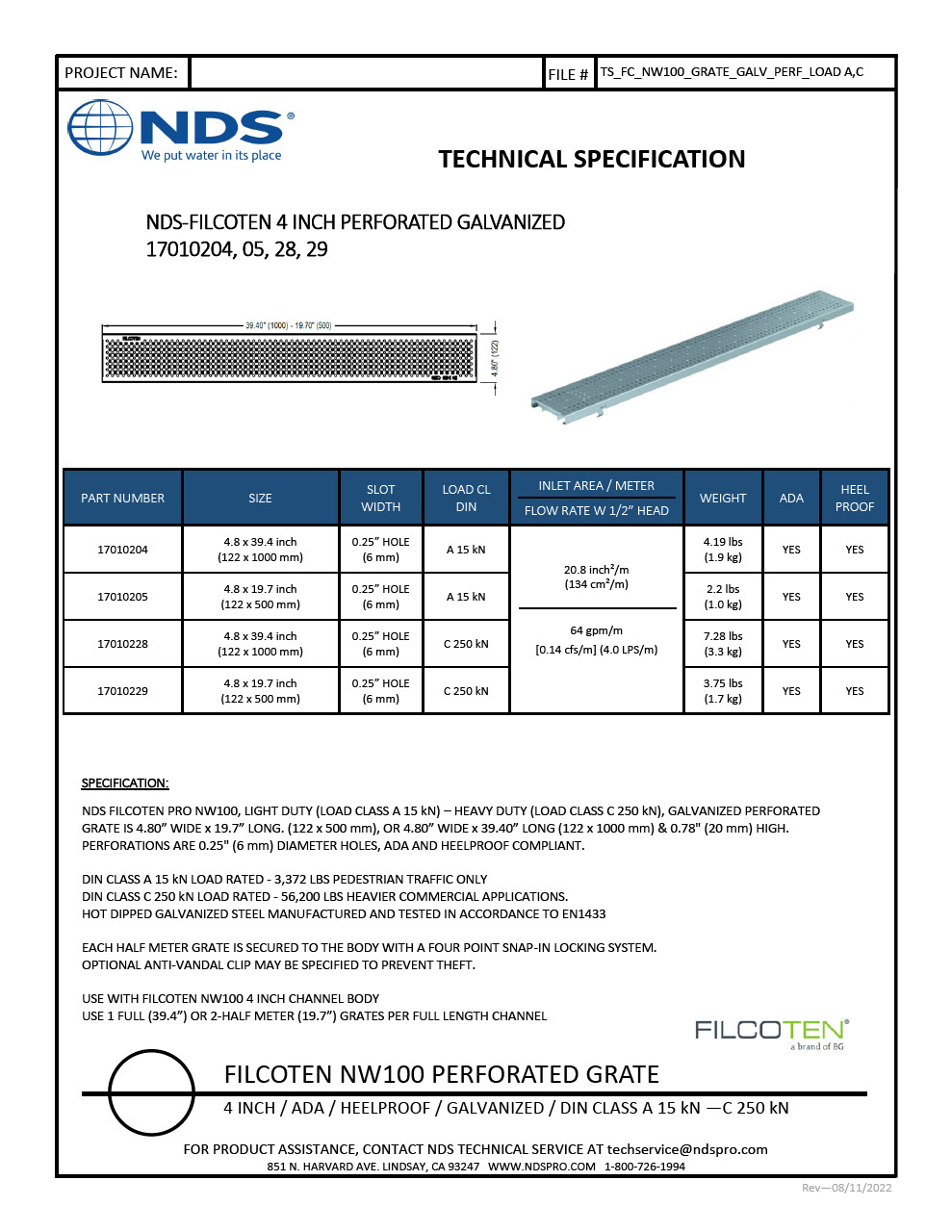 NDS BG-FILCOTEN® 100 Trench Drain Grate Perforated Design Galvanized Steel Tech Spec