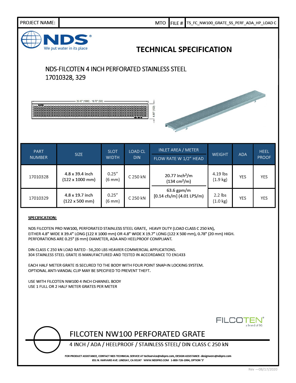 NDS BG-FILCOTEN® 100 Trench Drain Grate Perforated Design Stainless Steel Tech Spec