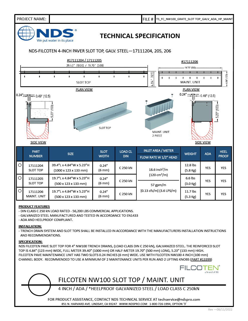 NDS BG-FILCOTEN® 100 Trench Drain Grate Slot Top Asymmetric Galvanized Steel Tech Spec
