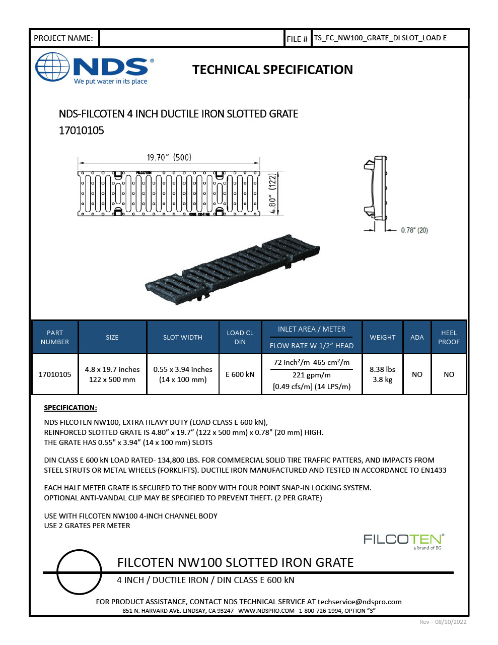 NDS BG-FILCOTEN® 100 Trench Drain Grate Slotted Design Ductile Iron Tech Spec