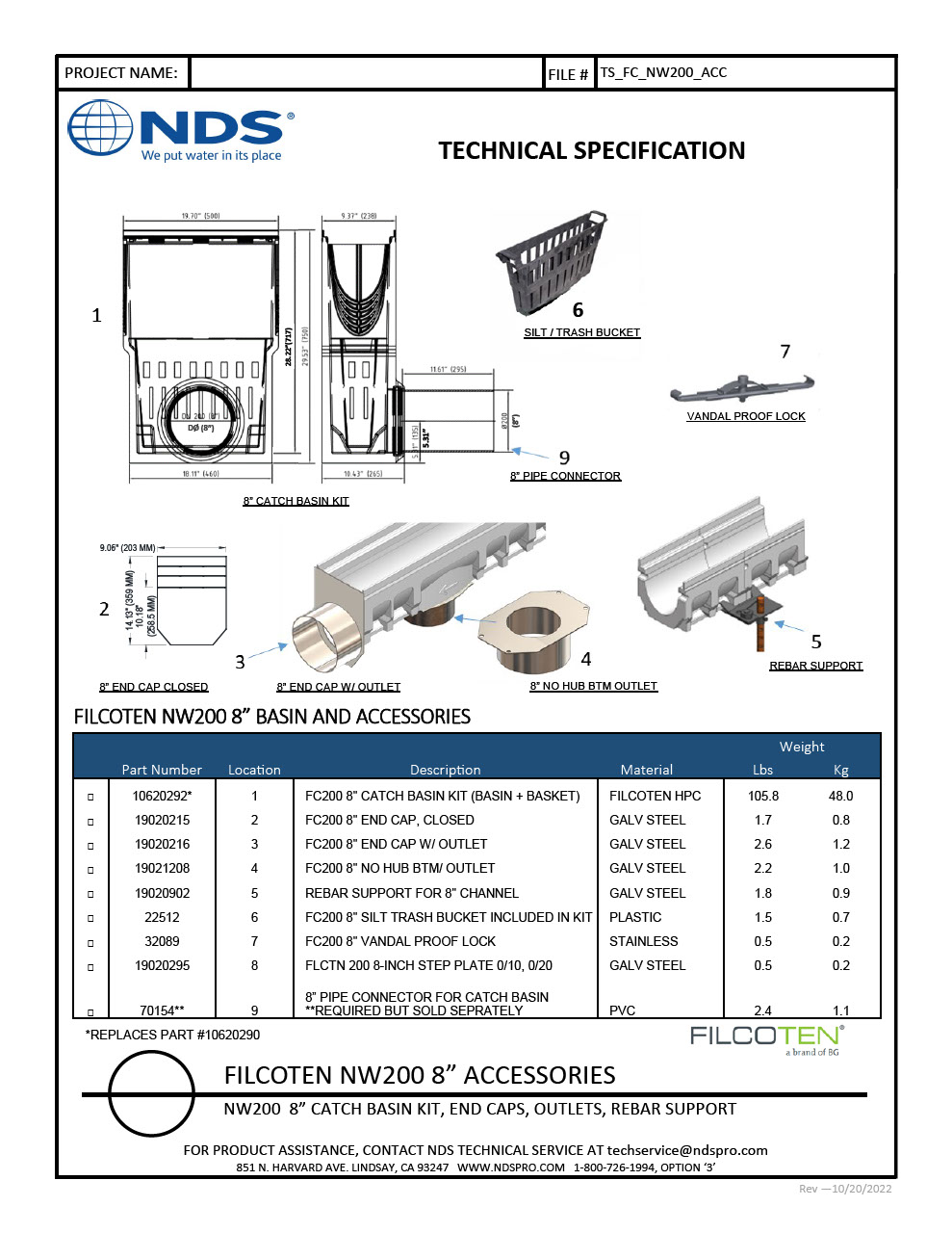 NDS BG-FILCOTEN® 200 Trench Drain Accessories Tech Spec