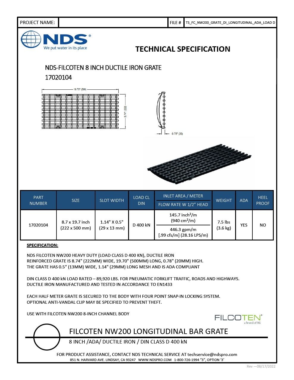NDS BG-FILCOTEN® 200 Trench Drain Grate Bar Design Ductile Iron Tech Spec