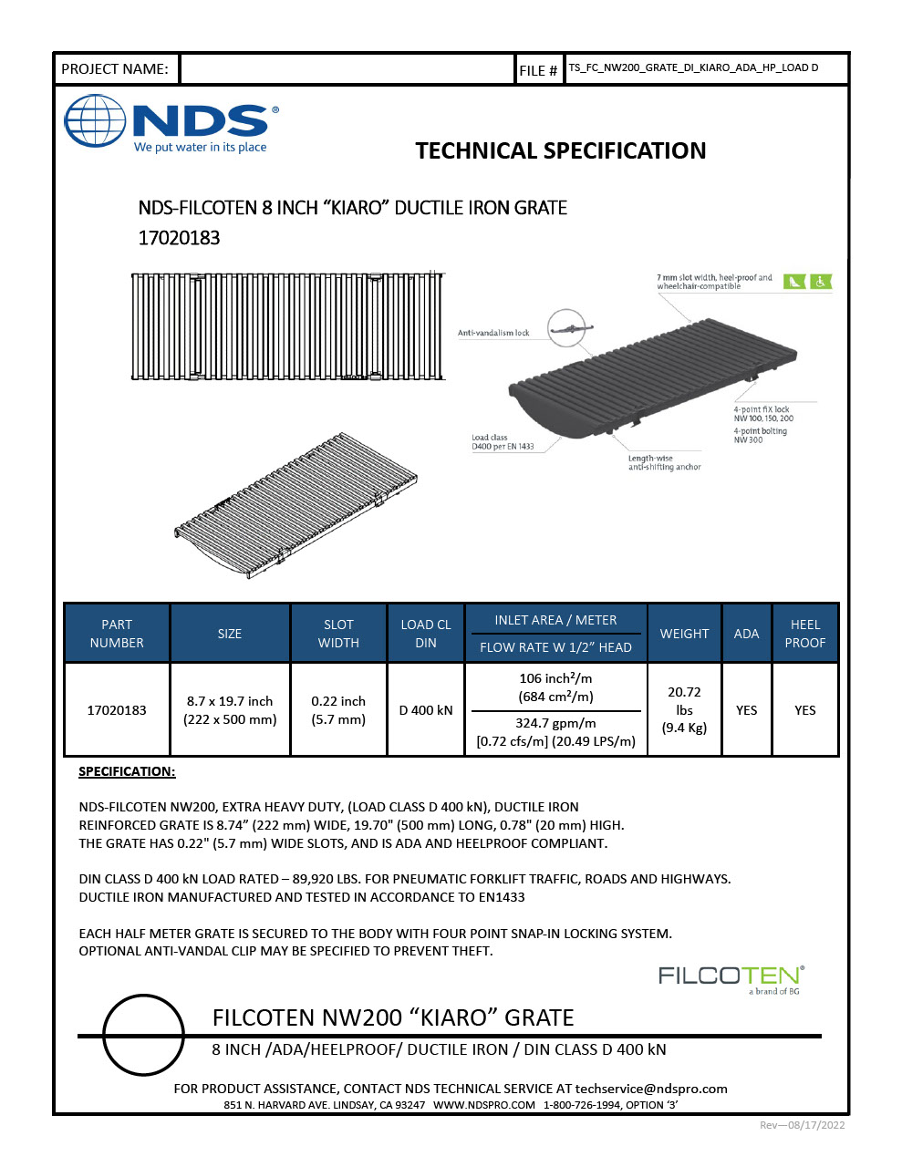 NDS BG-FILCOTEN® 200 Trench Drain Grate Decorative Kiaro Slot Design Ductile Iron Tech Spec