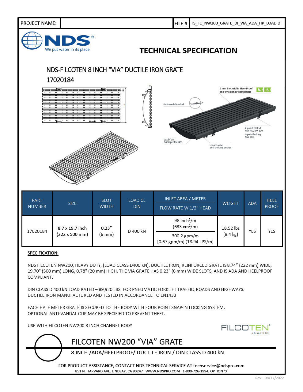 NDS BG-FILCOTEN® 200 Trench Drain Grate Decorative Via Slot Design Ductile Iron Tech Spec