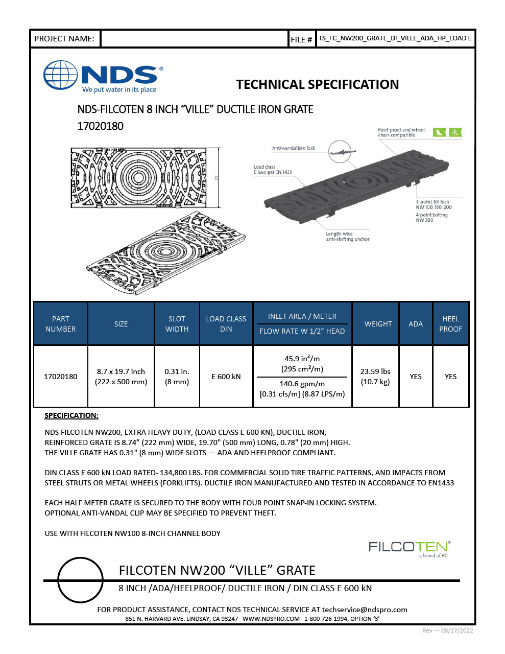 NDS BG-FILCOTEN® 200 Trench Drain Grate Decorative Ville Slot Design Ductile Iron Tech Spec