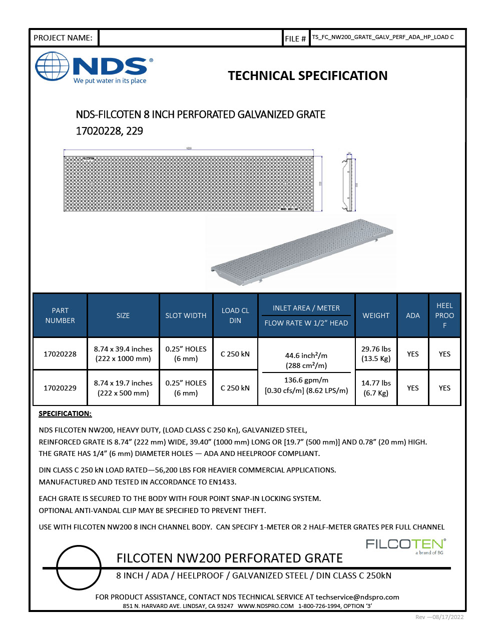 NDS BG-FILCOTEN® 200 Trench Drain Grate Decorative Perforated Design Ductile Iron Tech Spec