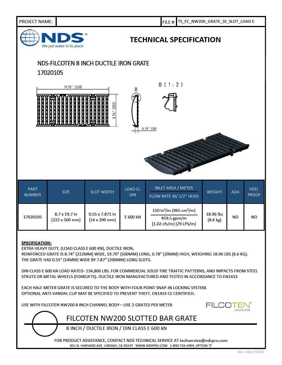 NDS BG-FILCOTEN® 200 Trench Drain Grate Slotted Design Ductile Iron Tech Spec