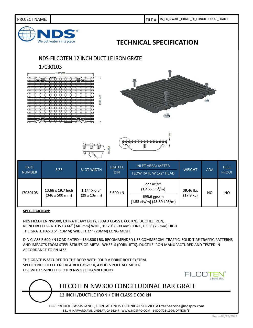 NDS BG-FILCOTEN® 300 Trench Drain Grate Bar Design Ductile Iron Tech Spec