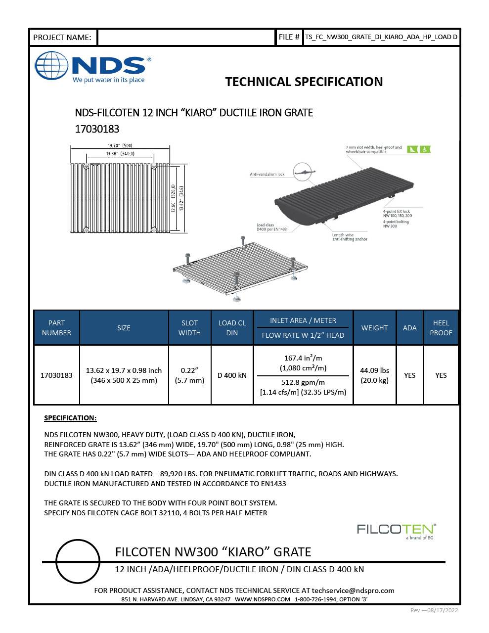 NDS BG-FILCOTEN® 300 Trench Drain Grate Decorative Kiaro Slot Design Ductile Iron Tech Spec