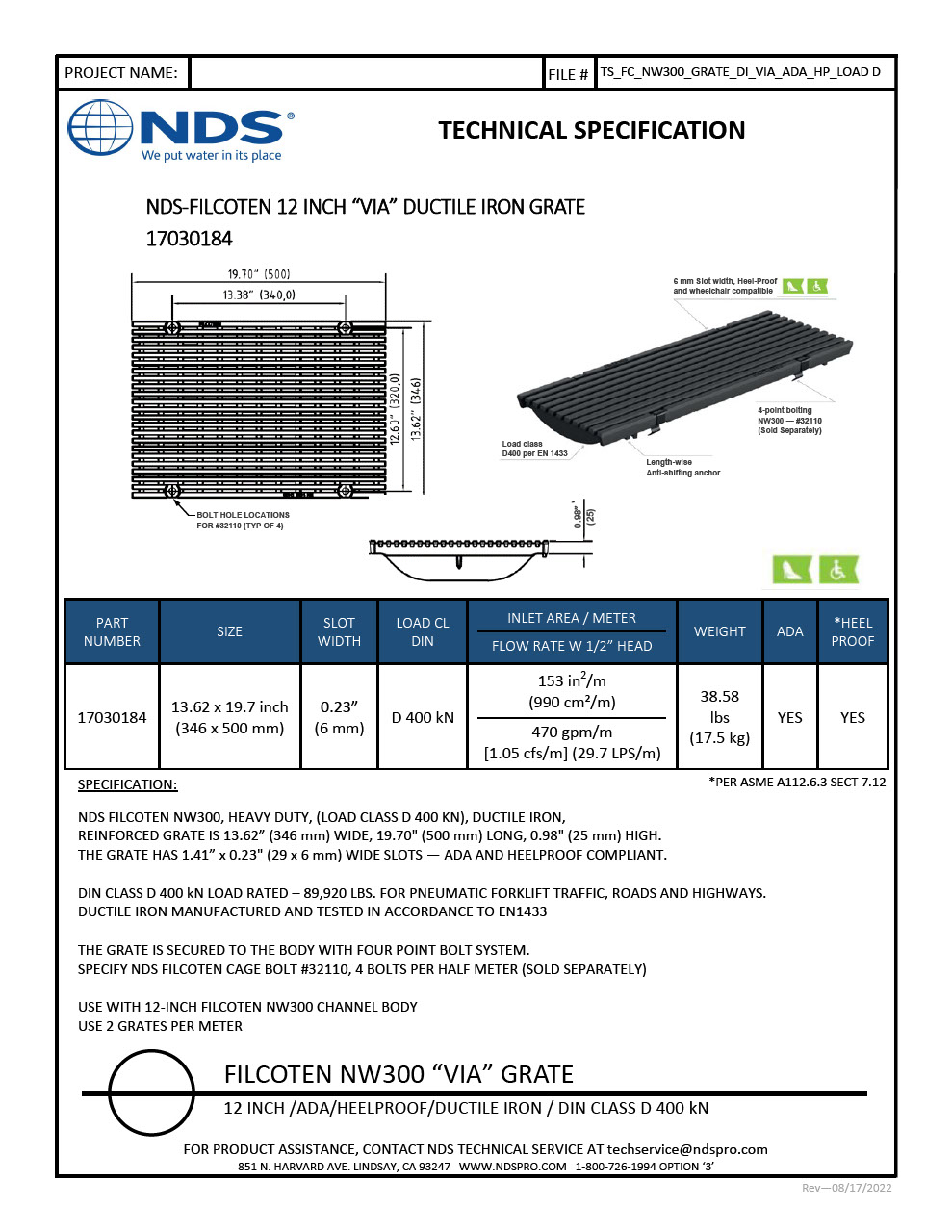 NDS BG-FILCOTEN® 300 Trench Drain Grate Decorative Via Slot Design Ductile Iron Tech Spec