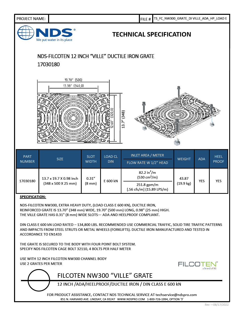 NDS BG-FILCOTEN® 300 Trench Drain Grate Decorative Ville Slot Design Ductile Iron Tech Spec