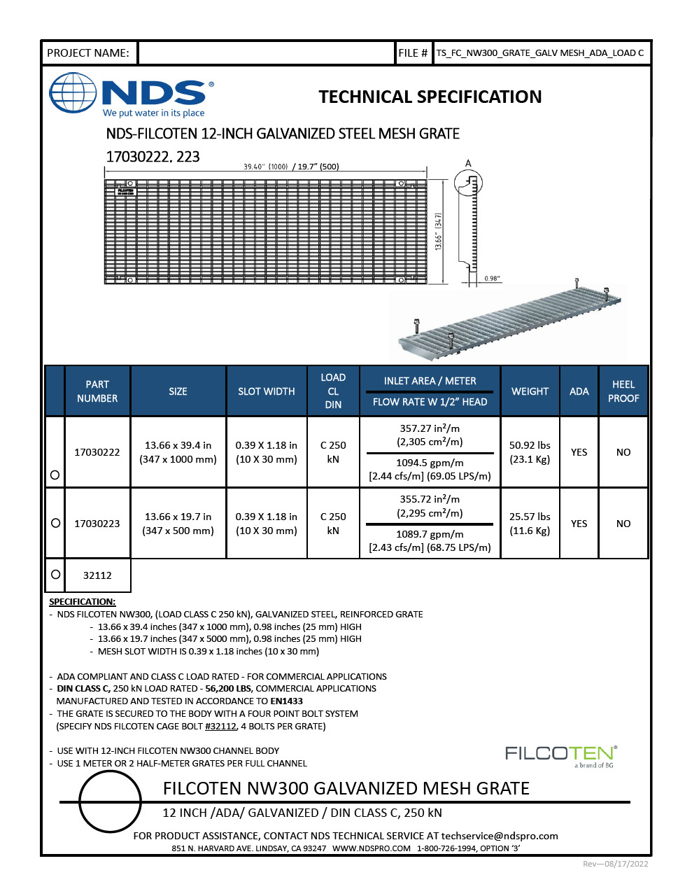 NDS BG-FILCOTEN® 300 Trench Drain Grate Mesh Design Galvanized Steel Tech Spec