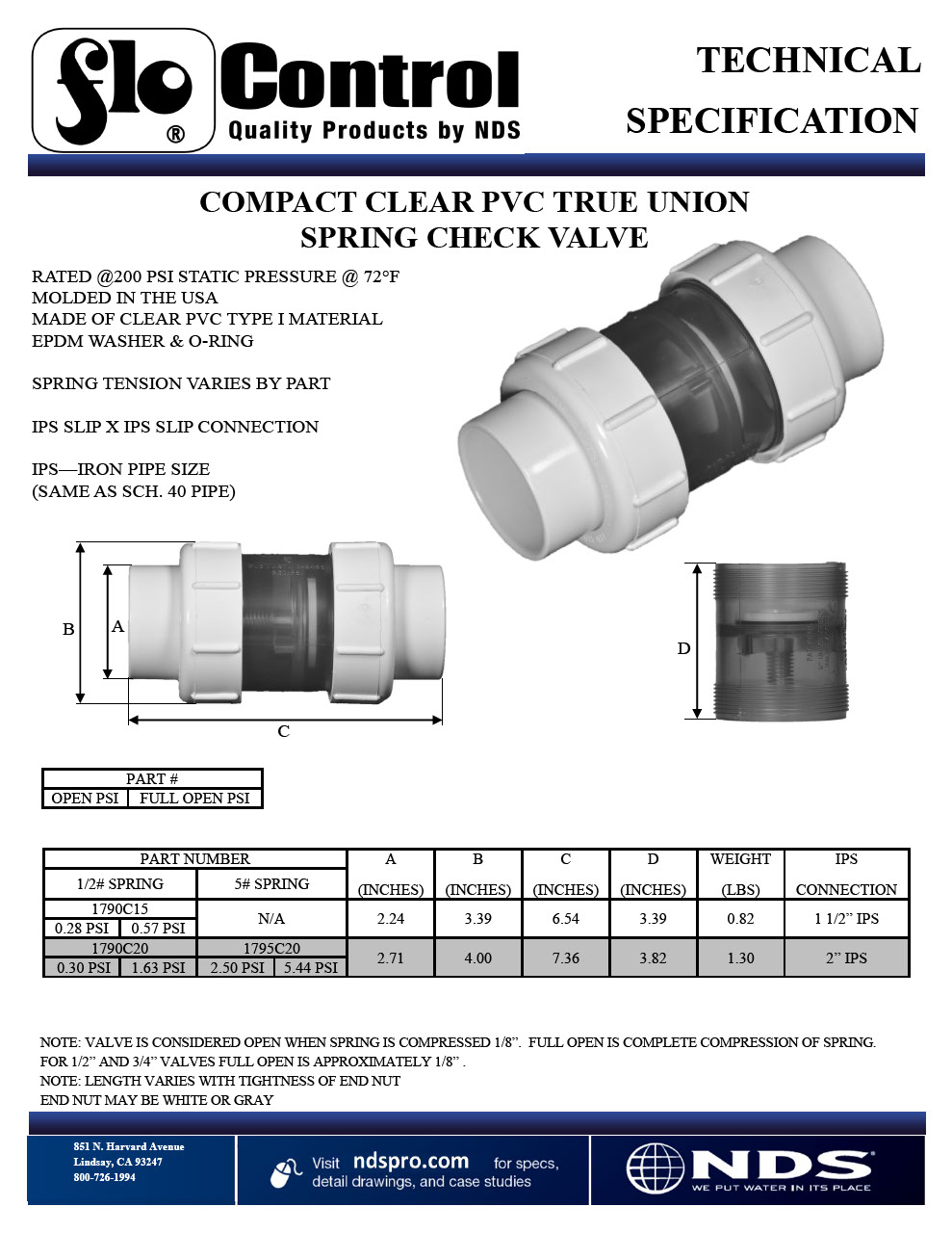 NDS Compact True Union Spring Check Valves Clear Tech Spec