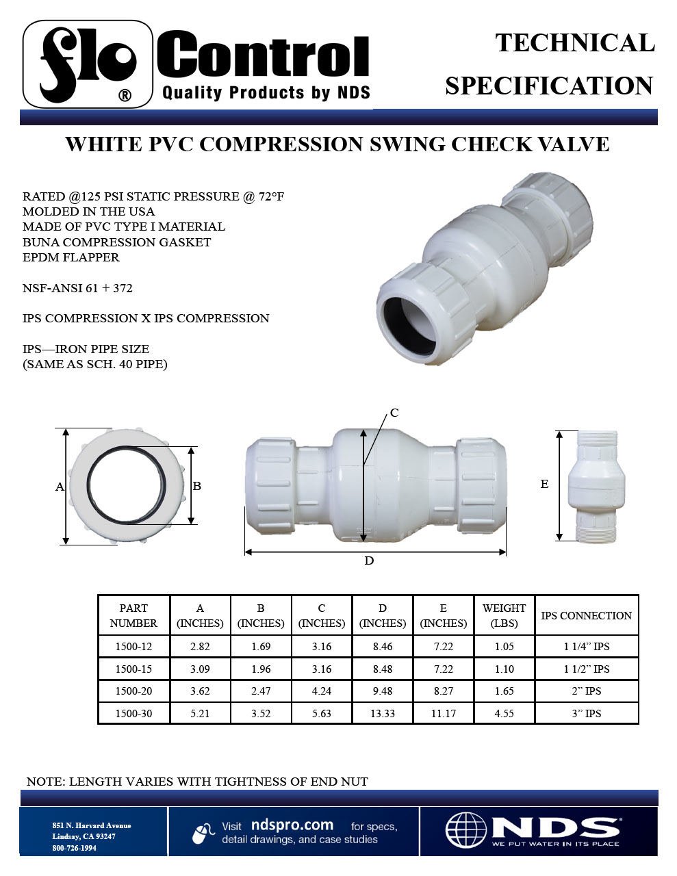 NDS PVC Compression Swing Check Valve White Tech Spec