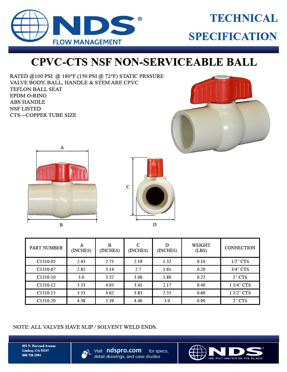 NDS CPVC CTS Ball Valves Tech Spec