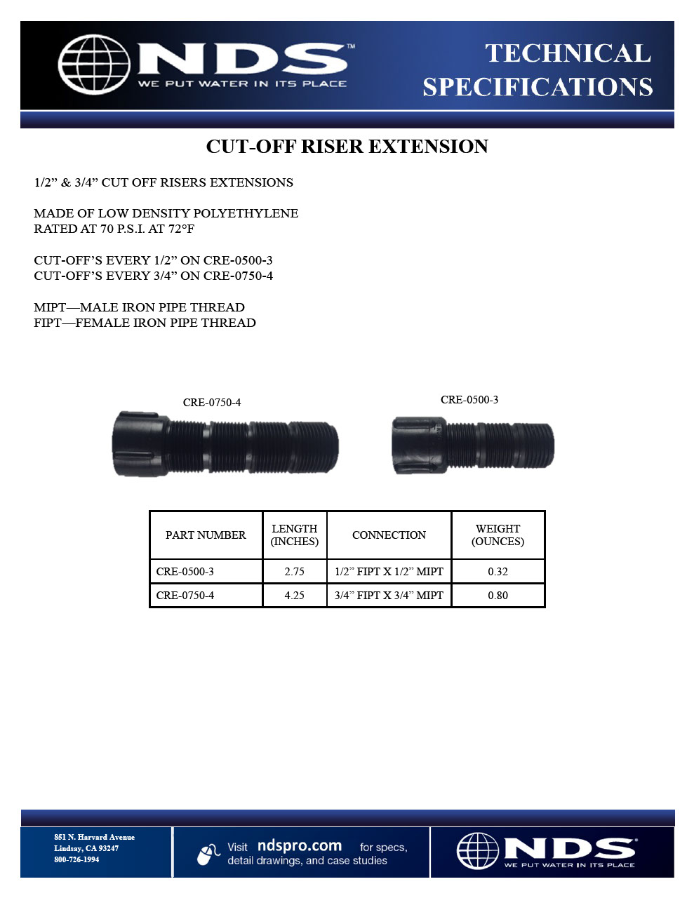NDS Cut-off Riser Extensions Tech Spec