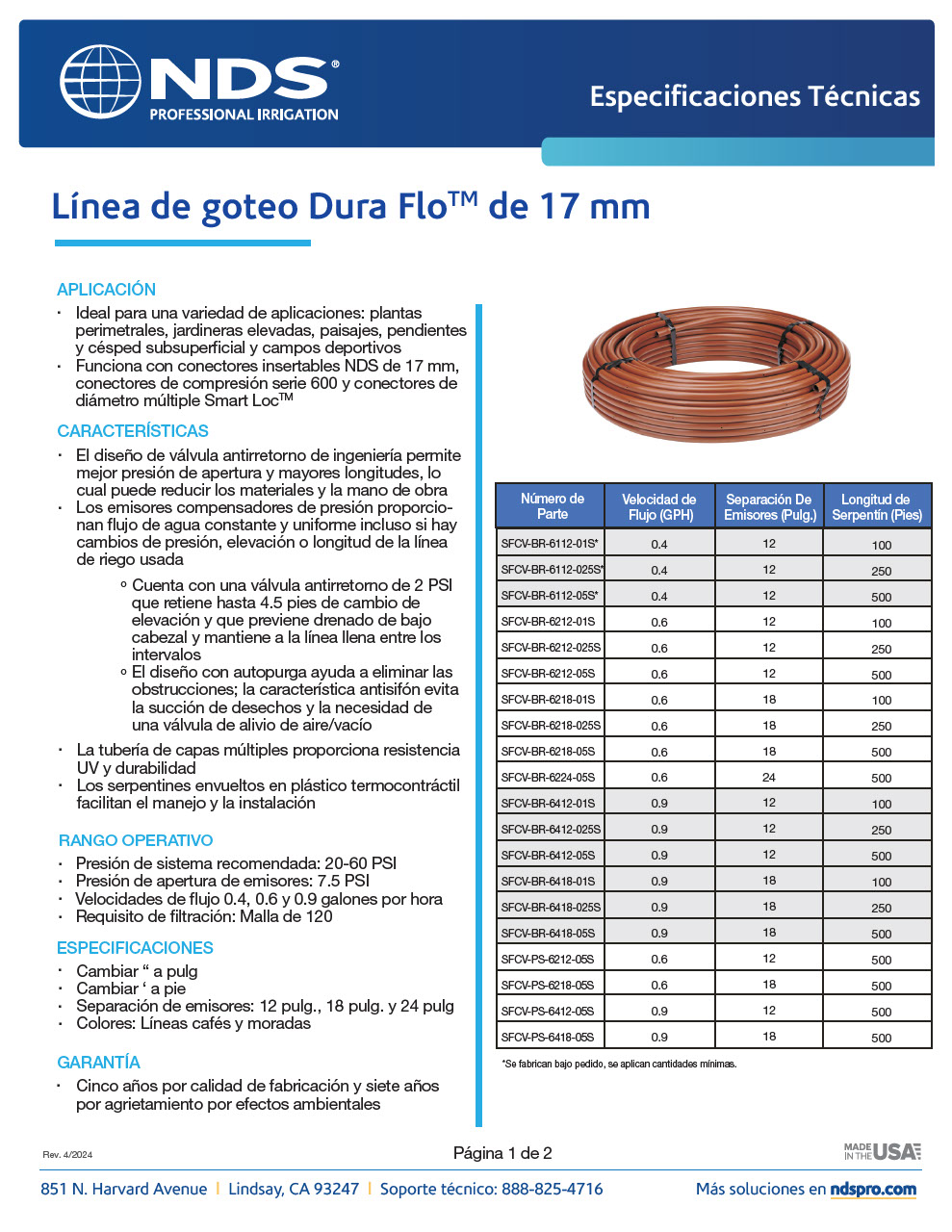 NDS Professional Irrigation Dura FloTM CV 17mm Check Valve Dripline Spanish Tech Spec