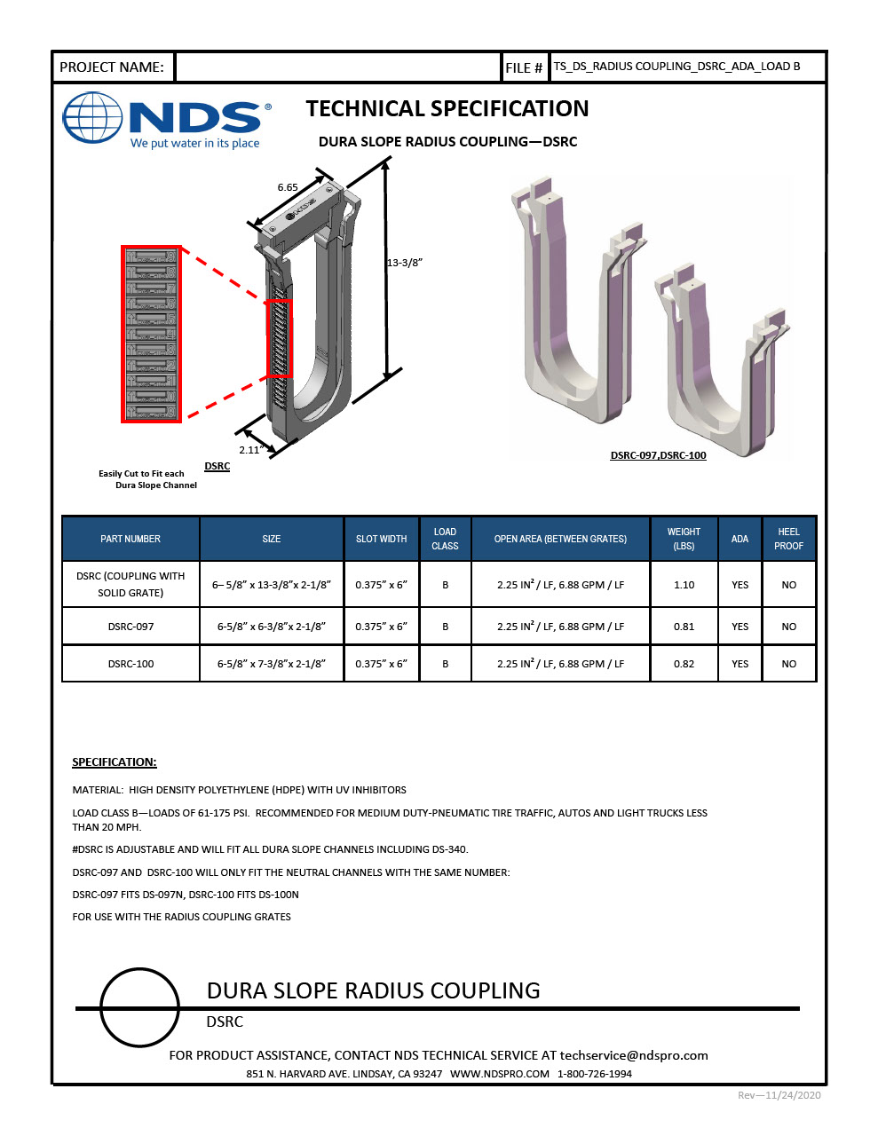 NDS Dura Slope® Channel Drain EZ-Track Radius Coupling Tech Spec