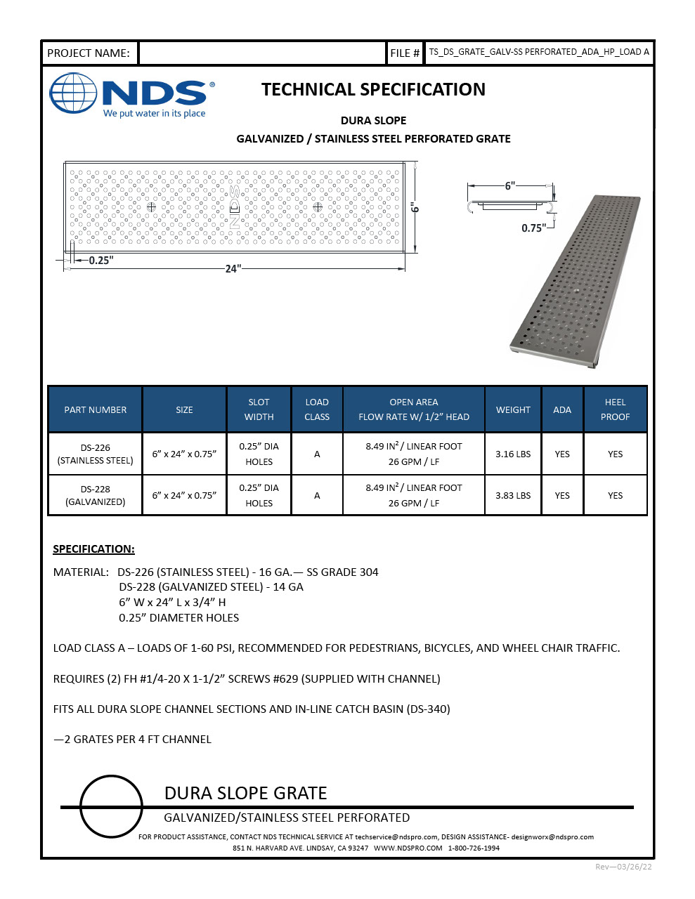 NDS Dura Slope® Channel Drain Grate Perforated Galvanized Steel Tech Spec